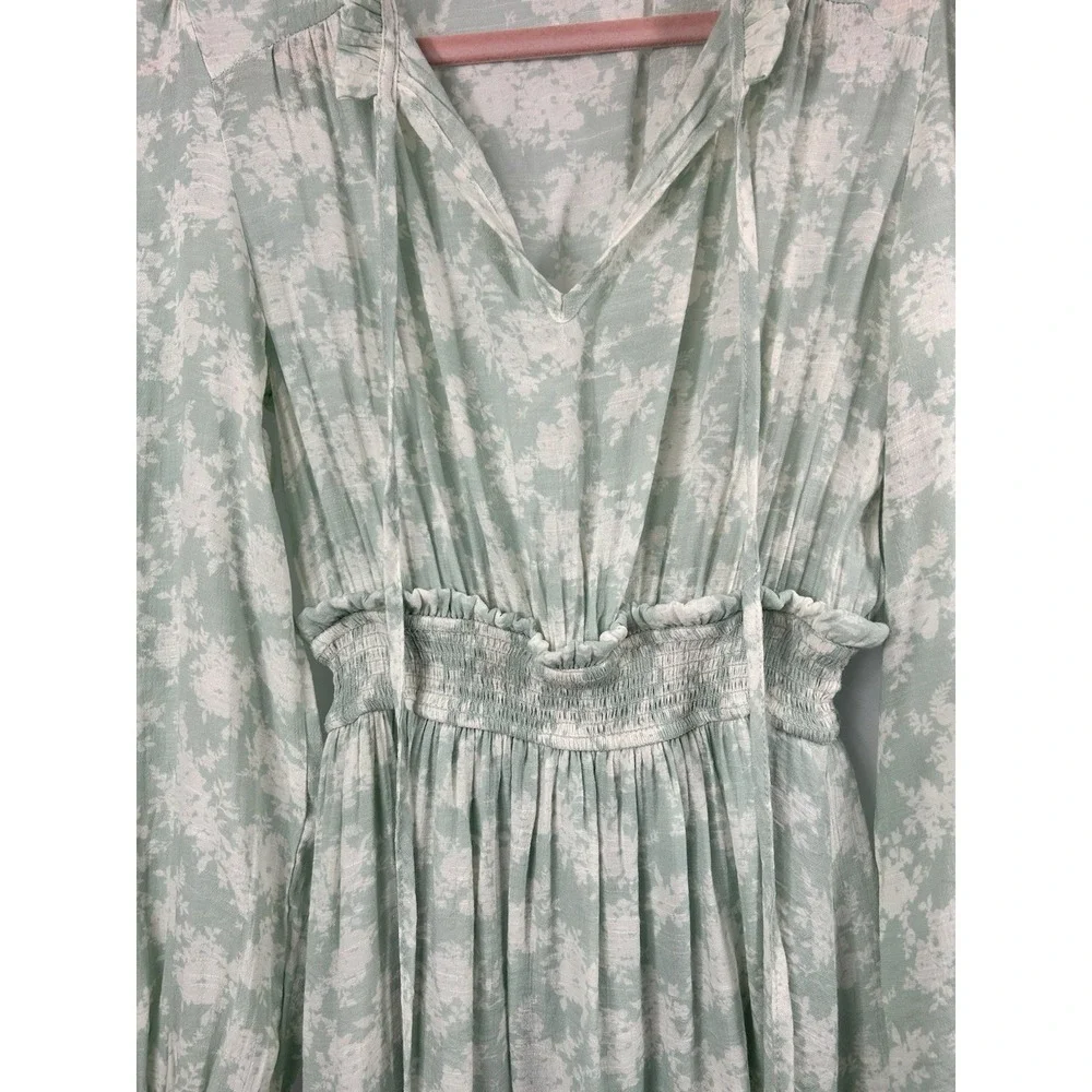 Blu Pepper Sage Green Floral Mini Dress‎ Medium Cottagecore Boho Ruffle Smocked - Picture 3 of 10
